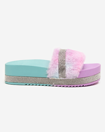 Violett-Mint Damenhausschuhe mit Fell und Zirkonia Zerika - Footwear