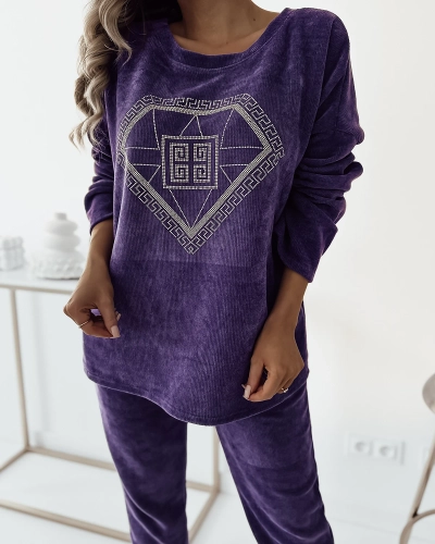 Royalfashion Lila Damen-Sweatshirt-Set mit Zirkonia-Patch