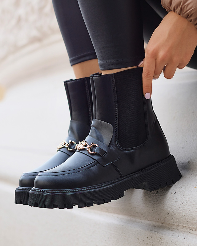 Schwarze isolierte Damenstiefel aus Kunstleder mit Fera-Dekoration - Schuhe