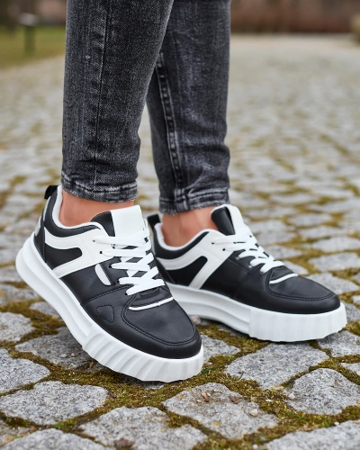 Öko-Leder Damen schwarze Freizeit Sportschuhe mit weißen Einsätzen Netiris - Schuhe