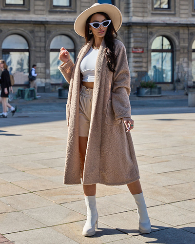 Royalfashion Blauer Damenmantel aus Schafsfell mit Gürtel