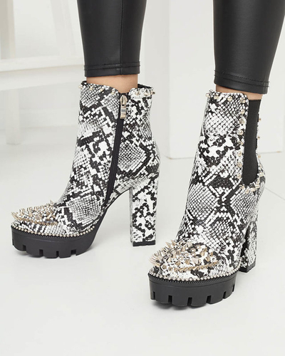 Schwarz-weiße, isolierte, verzierte und geprägte Damenstiefel Tegis - Footwear