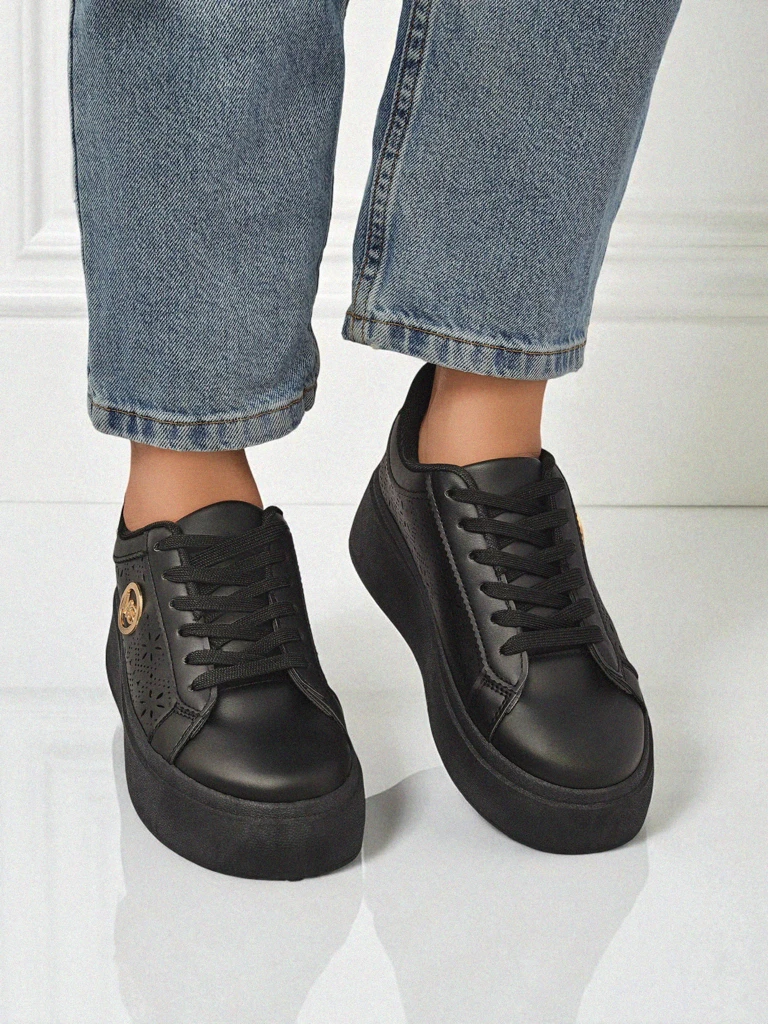 Damen Plateau Sneakers Perseida Royalfashion Schwarz Öko-Leder