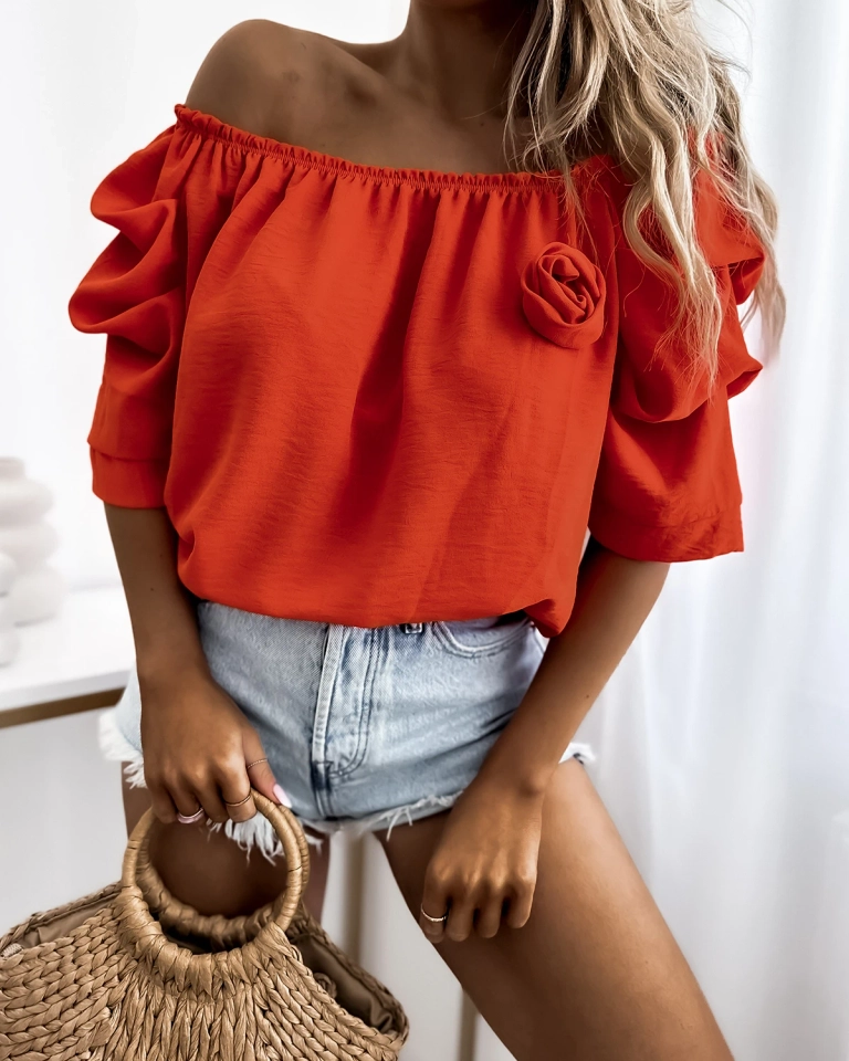 Royalfashion Orange Damenbluse a'la Spanische Bluse mit Blume