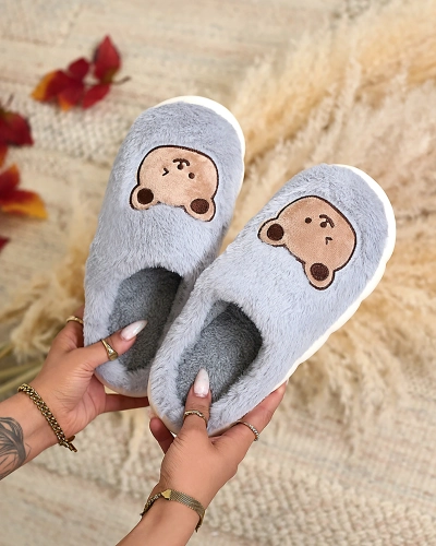Royalfashion Blaue Damen-Pelzpantoffeln mit Teddybär Hettres