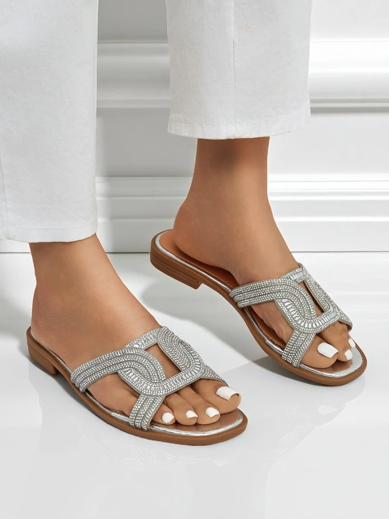 Silberne Royalfashion Ariadne Sandalen - flacher Absatz, Öko-Leder