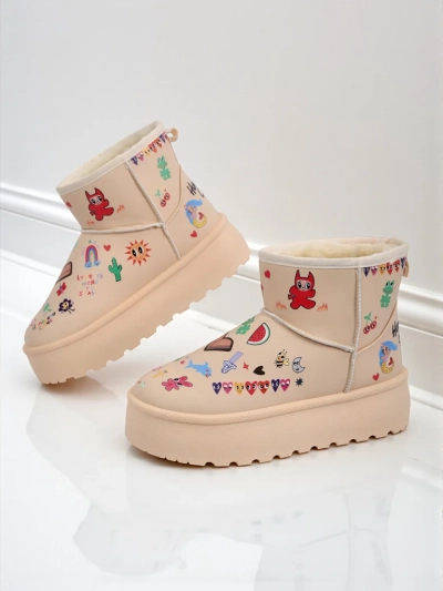 Gefütterte Callisto Angelico Stiefel mit Kinderzeichnungen auf Plateau Beige