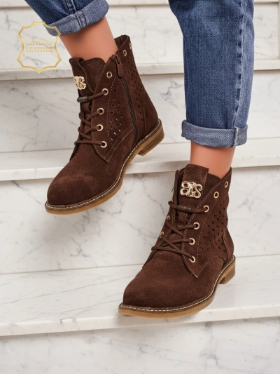 Aurelia Braune Wildleder Stiefeletten mit Fell Durchbrochen Elegant 2,5cm