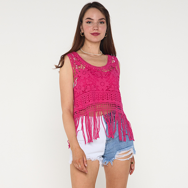 Fuchsia Damen-Crop-Top-Bluse mit Spitze - Kleidung
