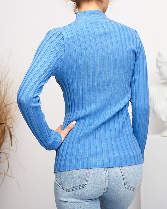 Blauer gerippter Damenpullover mit Stehkragen - Kleidung