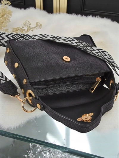 Schwarze Damenhandtasche Livia aus Öko-Leder mit Art-Deco-Verzierung