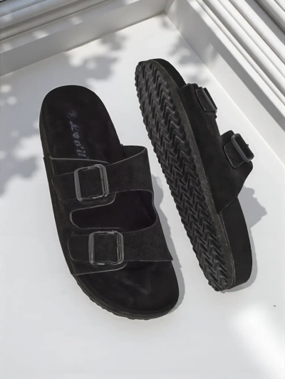 Royalfashion Damen Pantoletten aus Öko-Wildleder mit Schnallen Bella Duo
