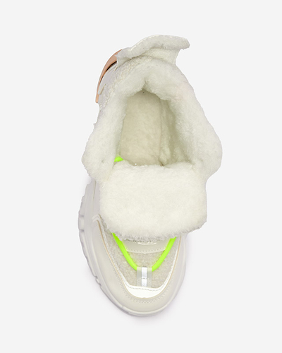 Weiße Damen-Sportschuhe mit Pelz und neongrünen Schnürsenkeln Sagglo- Footwear