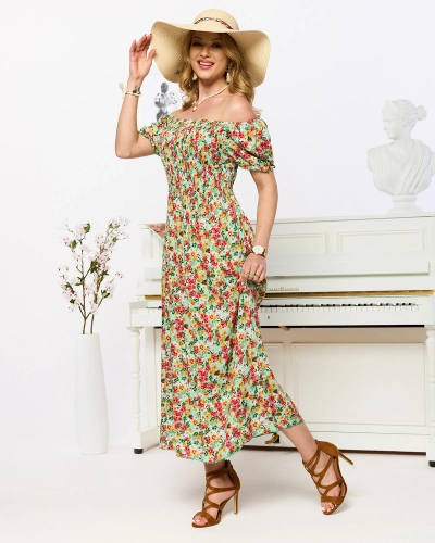 Grünes Damen-Midikleid mit Blumenmuster- Kleidung