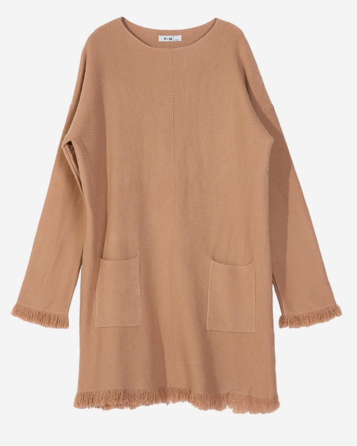 Світло-коричневий жіночий светр-туніка з бахромою