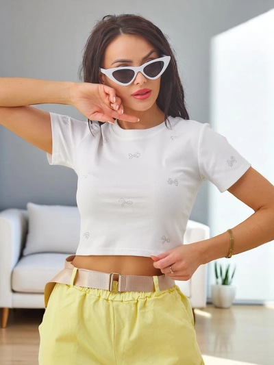 Royalfashion Damen Baumwoll-Crop-Top mit bogenförmigen Strasssteinen