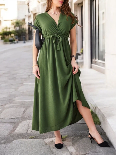 Royalfashion Damen-Midikleid mit Wickelausschnitt, kurzen Ärmeln und einem Gürtel