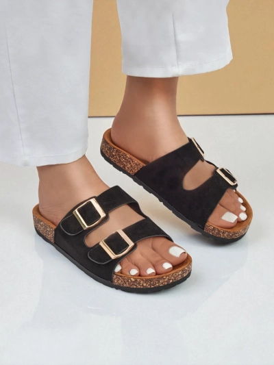 Damen-Pantoletten Letitia schwarz, Wildleder, flacher Absatz, italienisches Design