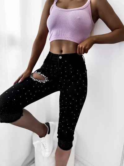 Schwarze 3/4-Denim-Shorts mit Zirkonen - Kleidung