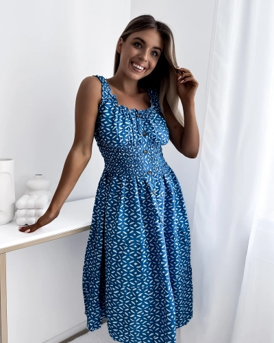 Knielanges Damenkleid mit Print in Blau- Kleidung