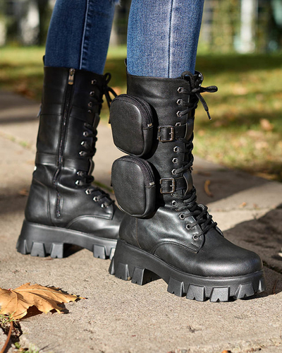 Schwarze Arbeitsstiefel mit Zierbeuteln am Schaft Sello- Footwear