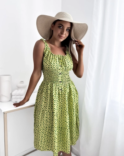 Knielanges Damenkleid mit Print in Grün- Kleidung