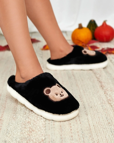 Royalfashion Schwarze Damen-Pelzpantoffeln mit Teddybär Hettres