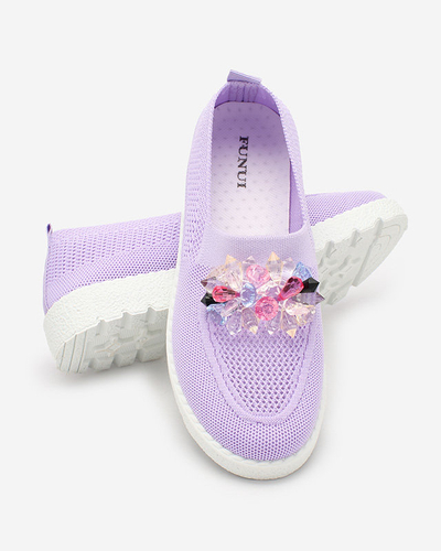 Royalfashion Lila Damen Stoff Mokassins mit Kristallen Fezens