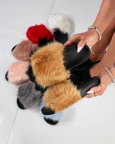 Beige Damenhausschuhe mit Fell Danita - Schuhe