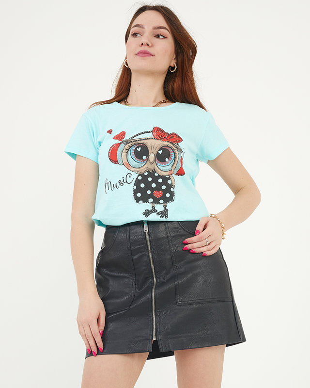Damen-T-Shirt mit Eulen-Print in Mintfarbe - Bekleidung