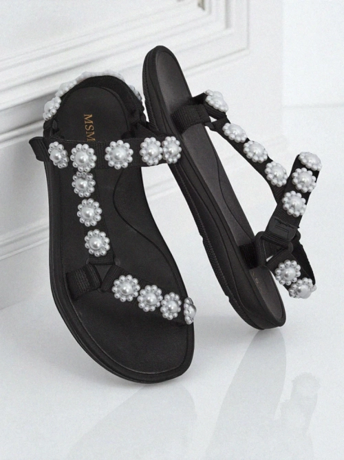 Жіночі сандалі Royalfashion Perseida чорні на платформі з перлинками