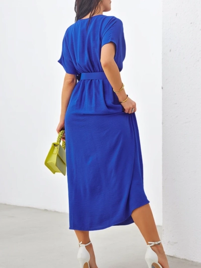 Royalfashion Damen Midi-Kleid mit kurzen Ärmeln, V-Ausschnitt und Schlitz in der Mitte
