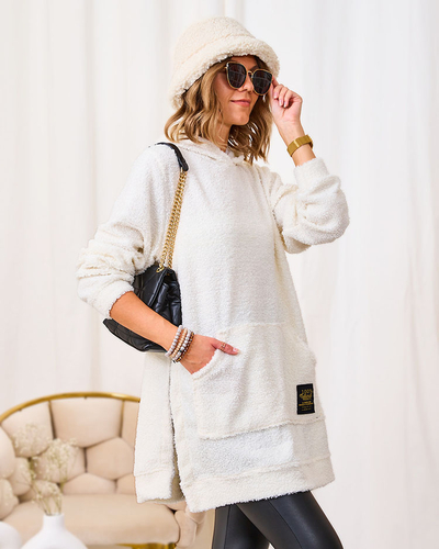 Royalfashion Cremefarbener langer Damenpullover mit Kapuze