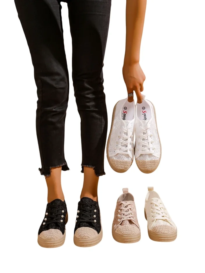 Royalfashion Damen Spitze Sneakers mit Pailletten Nille