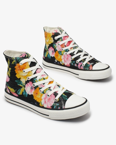 Royalfashion Damen hohe graphitfarbene Sneakers mit bunten Blumen bedruckt Fahenna