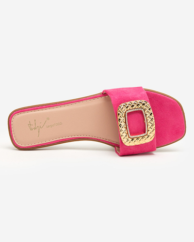 OUTLET Öko-Wildleder-Hausschuhe für Damen in Fuchsia mit goldener Schnalle Lozi. Schuhwerk