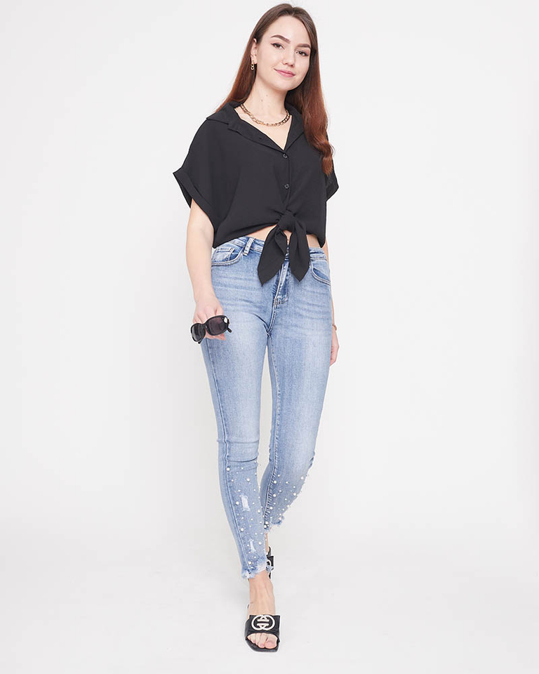 Schwarz Damenhemd zum Binden - Kleidung