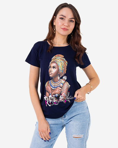 Marineblaues Damen-T-Shirt mit buntem Aufdruck und Pailletten - Kleidung
