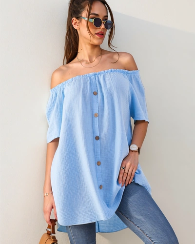 Royalfashion Damen Baumwollbluse im spanischen Stil mit dekorativen Knöpfen