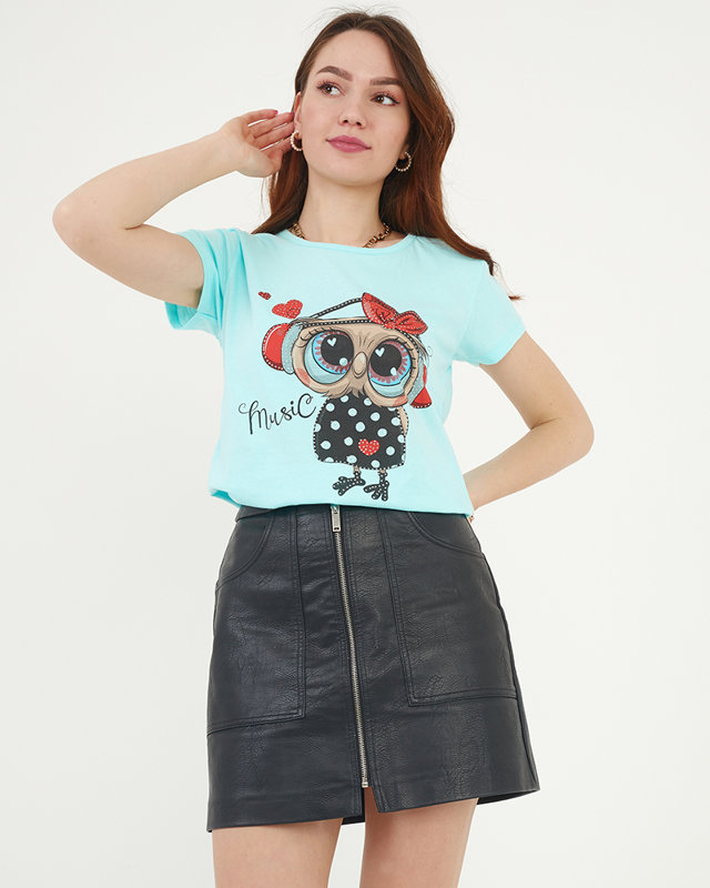 Damen-T-Shirt mit Eulen-Print in Mintfarbe - Bekleidung