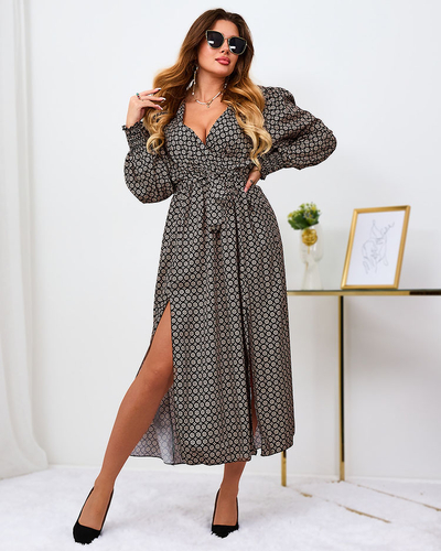 Royalfashion Beige und schwarz gemustertes Damen-Maxikleid