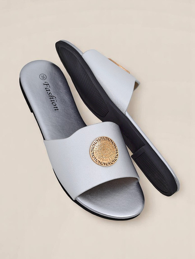 Royalfashion Damen Pantoletten mit flacher Sohle Golden Slip