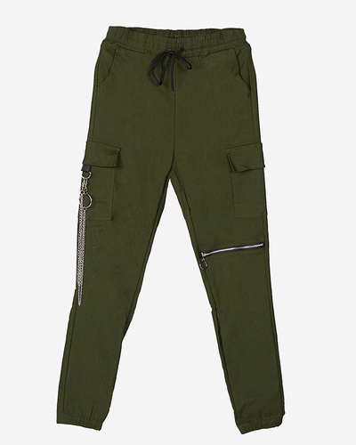 Dunkelgrüne Damen-Cargohose mit Kette - Bekleidung
