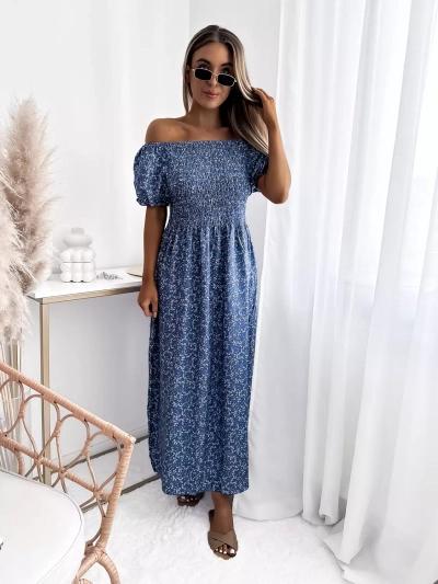 Blaues Midikleid mit Blumenmuster - Kleidung
