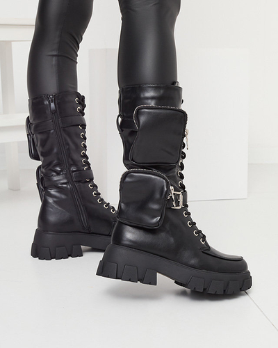 Schwarze Arbeitsstiefel mit Zierbeuteln am Schaft Sello- Footwear