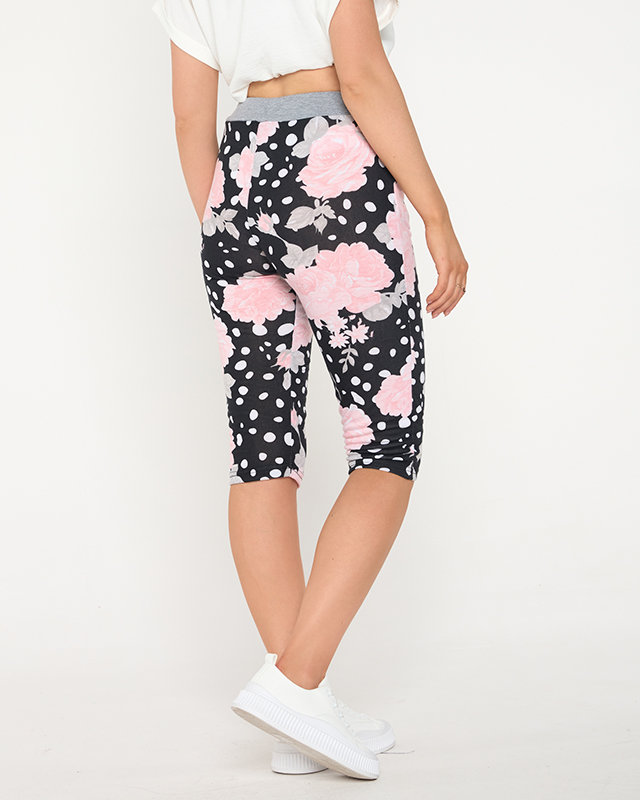 Schwarze 3/4-lange Damen-Shorts mit rosa Blumen - Kleidung