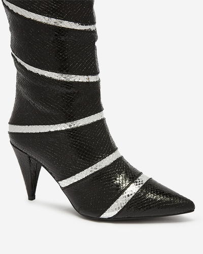 Schwarz-silberne Damenstiefel mit Stöckelabsatz und geprägten Streifen Felifea- Footwear