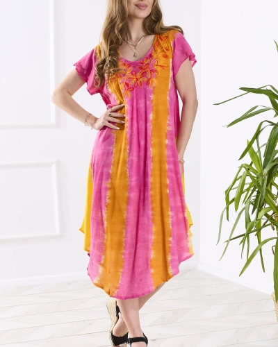 Orangefarbenes und rosafarbenes Damen-Strandkleid Narzutka- Kleidung