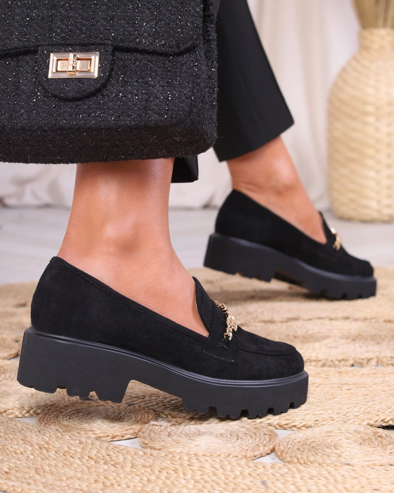 Schwarze Damenmokassins mit Goldverzierung Terreki-Schuhe