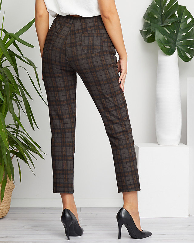 Dunkelbraune karierte Damen-Treggings mit Ornament an den Taschen - Kleidung